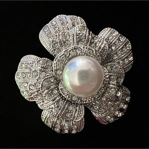 VTG Brooch Flower Faux Pearl Clear Rhinestones Silver Tone Metal